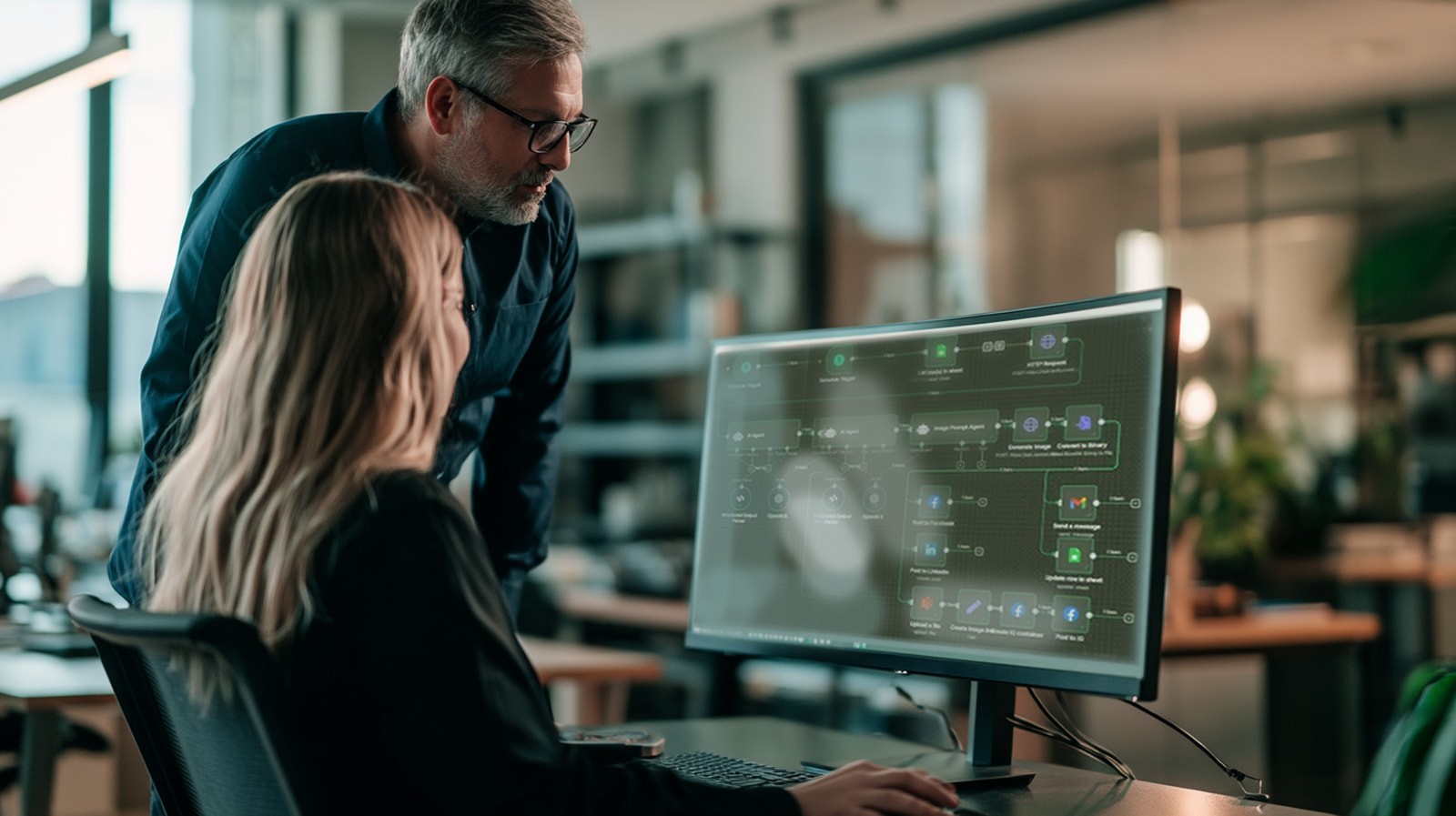 Two engineers reviewing an automation workflow on a large monitor.