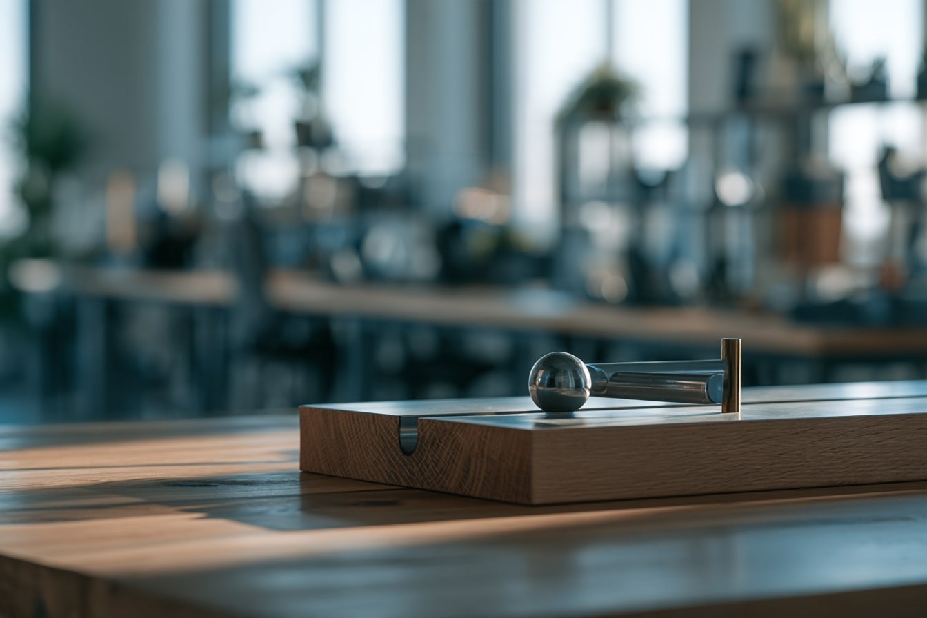 A polished timber block with a steel sphere and rod, on a desk in a quiet office.